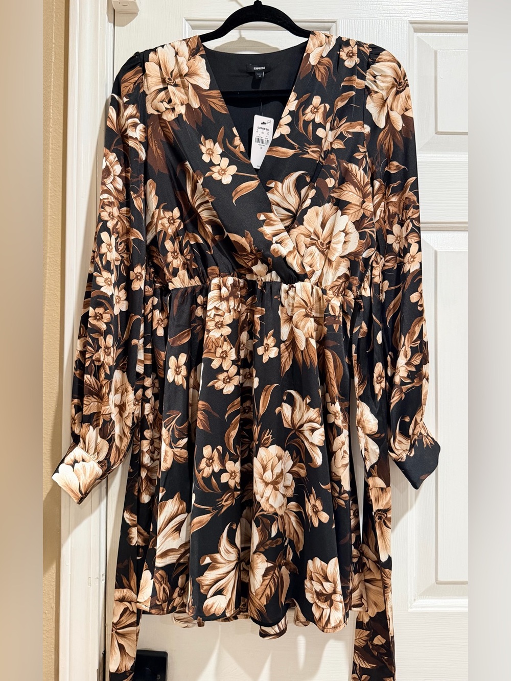 Express Black Floral Wrap Maxi Dress with Beige and Brown Blooms